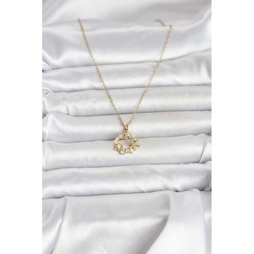 316L Çelik Zincir Gold Renk İncili Çiçek Model Kadın Koyle