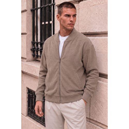 Ravello %100 Şönil Relaxed Fit Kolej Yaka Fermuarlı Lamineli Ceket - Çakıl Taşı