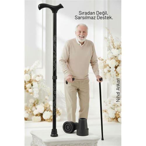 Yükseklik Ayarlanabilir SİYAH Metal Baston - 7 Kademe Ayarlı Ergonomik Denge Desteği + 2 Yedek Uç  716392