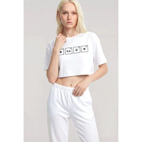 Kadın Beyaz Baskılı Crop T-shirt Pantolon Takım Rahat Günlük Spor Şık İkili Set