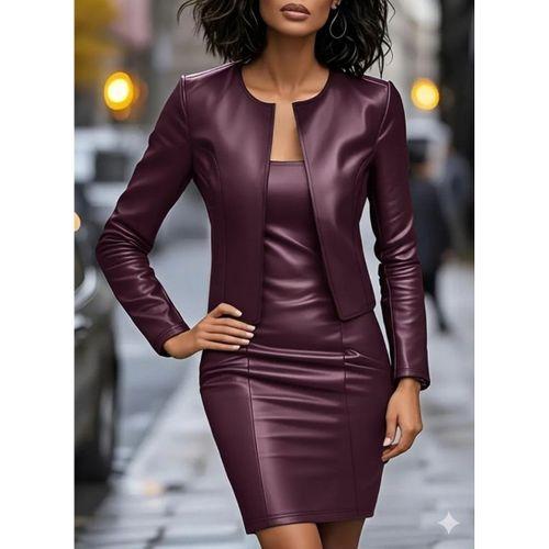 Kadın Uzun Kollu önü Açık Deri Ceket Ve Askılı Yuvarlak Yakalı Mini Elbise Ikili Takım
