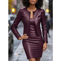 Kadın Uzun Kollu önü Açık Deri Ceket Ve Askılı Yuvarlak Yakalı Mini Elbise Ikili Takım