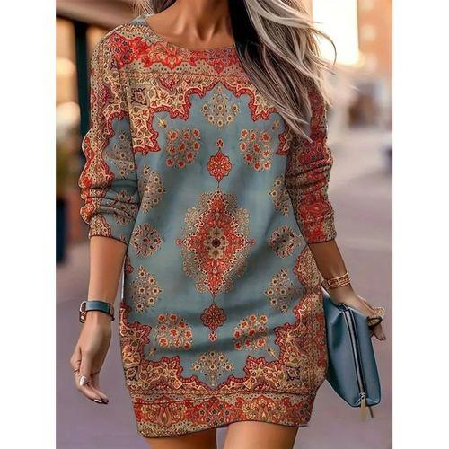 Kadın Uzun Kollu Yuvarlak Yaka Desenli Mini Modal Elbise