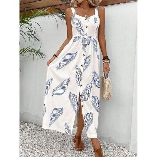 Kadın Askılı önden Düğmeli Yaprak Desenli Uzun Süprem Elbise