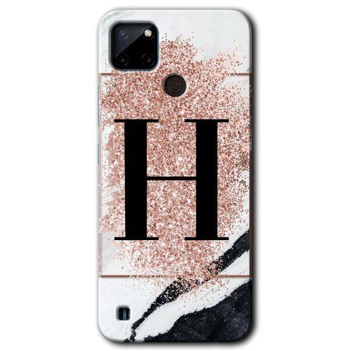 Realme C21 Kılıf HD Desen Baskılı Arka Kapak - Pembe Mermer Desenli H Harfi + Kırılmaz Cam
