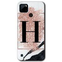 Realme C21 Kılıf HD Desen Baskılı Arka Kapak - Pembe Mermer Desenli H Harfi + Kırılmaz Cam