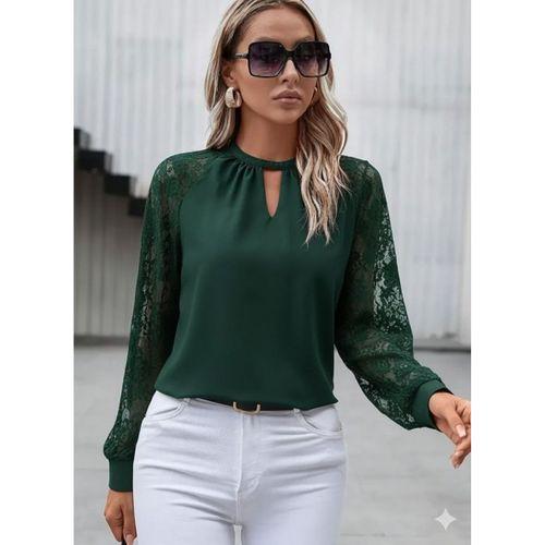 Kadın Uzun Dantel Kollu Yuvarlak Yakalı Sandy Bluz