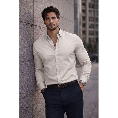 Likralı Regular Fit Nefes Alabilir Klasik Erkek Oxford Gömlek -Taş