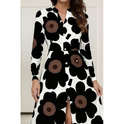 Kadın Yakalı önden Düğmeli çiçek Desenli Uzun Süprem Elbise