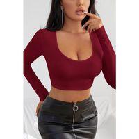 Kadın Bordo Uzun Kol Kare Yaka Crop Top Bluz