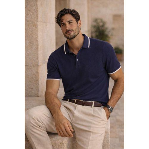 Balzac Yakası Şeritli Düğmeli Polo Yaka Basic Günlük Petek Örgü Triko Erkek T-Shirt - Lacivert