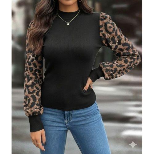 Kadın Uzun Kollu Yarı Balıkçı Yaka Leopar Detaylı Kaşkorse Bluz