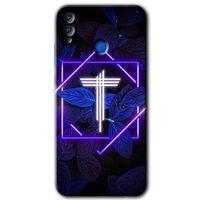 Honor 8c Kılıf HD Desen Baskılı Arka Kapak - Dark Neon Yaprak T Harfi + Kırılmaz Cam