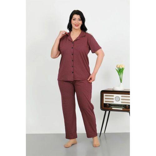 Kadın Büyük Beden Pamuklu Cepli Düğmeli Mor Pijama Takım