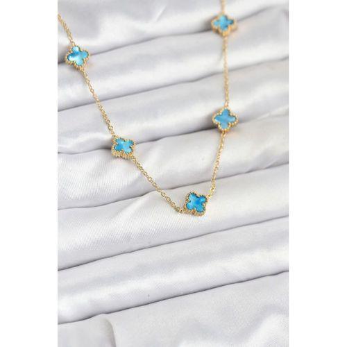 316L Çelik Zincir Gold Renk Buz Mavisi Baby Boy Yonca Kadın Kolye