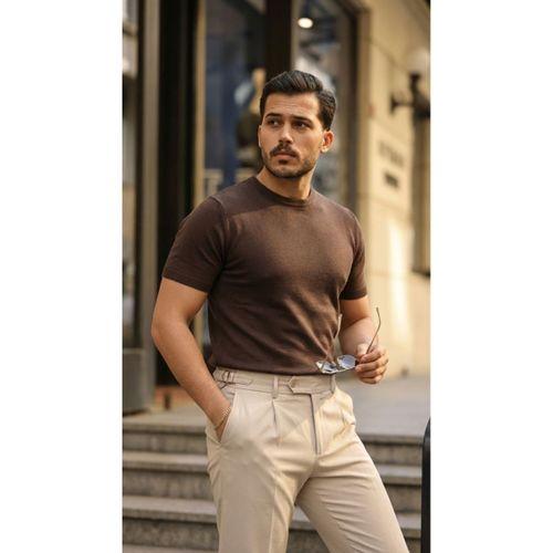 Erkek Basic Bisiklet Yaka Kısa Kollu Triko Tişört - %100 Pamuk Akrilik