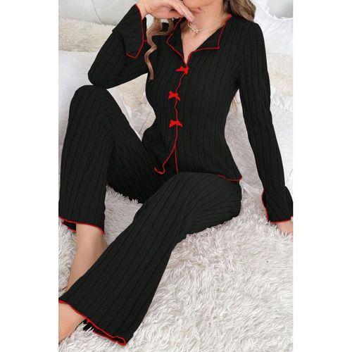 Kadın Siyah Kırmızı Biyeli Fiyonk Detaylı Uzun Kollu Mevsimlik Pijama Takımı Premium Ev Giyim