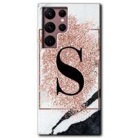 MRCİLETİSİM Samsung Galaxy S22 Ultra Kılıf HD Desen Baskılı Arka Kapak + Temperli Cam - Pembe Mermer Desenli S Harfi