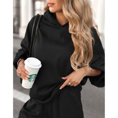 Kadın Uzun Kollu Kapşonlu Viskon Iki Iplik Bluz Ve Pantolon Ikili Takım