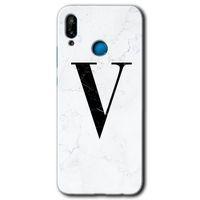 Huawei P20 Lite Kılıf Kapak - Beyaz Mermer Desenli V Harfi +Hayalet Ekran Yandan Gözükmez