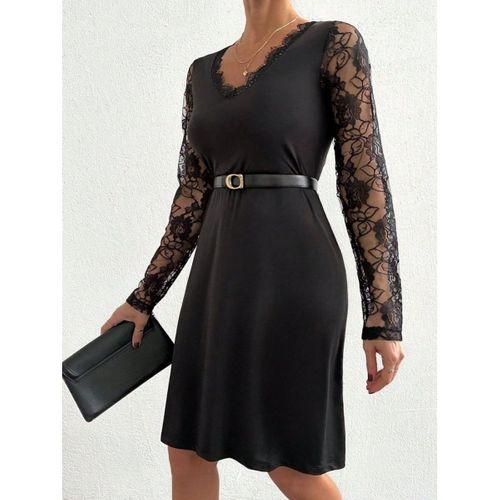 Kadın Uzun Kollu Yaka Ve Kol Dantel Detay Sandy Mini Boy Elbise