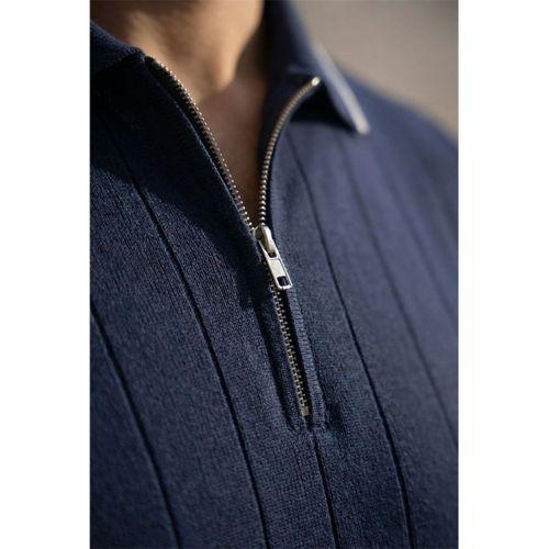 Jared Yakası Şeritli Dik Çizgili Yarım Fermuar İnce Triko Erkek T-Shirt - Lacivert