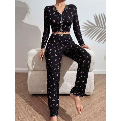 Kadın Çiçek Ve Fiyonk Desenli Yumuşak Pamuklu Uzun Pijama Takımı 5134