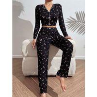 Kadın Çiçek Ve Fiyonk Desenli Yumuşak Pamuklu Uzun Pijama Takımı 5134