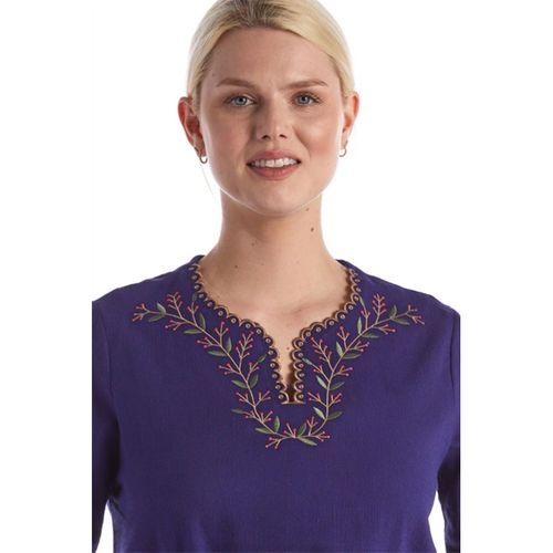 Şile Bezi Kısa Kol Mor Nakışlı V Yaka Yazlık Otantik Bluz