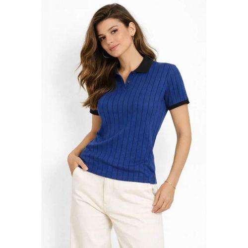 Polo Yaka Çizgili Tişört Kısa Kol Düğmeli Yazlık T-Shirt - Saks Mavisi