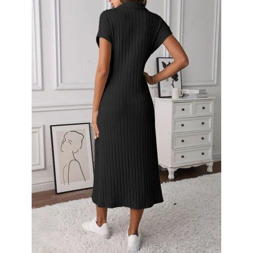 Kadın Kısa Kollu Yakalı Yandan Yırtmaçlı Kalın Fitilli Kaşkorse Elbise