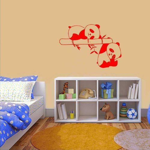 Bambu Dallarında Dinlenen Sevimli Pandalar Büyük Boy Dekoratif Duvar Sticker, Çıkartma, Etiket Kırmızı