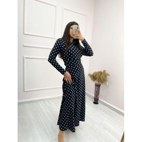 Kadın Siyah Tam Boy Beyaz Puantiyeli Elbise