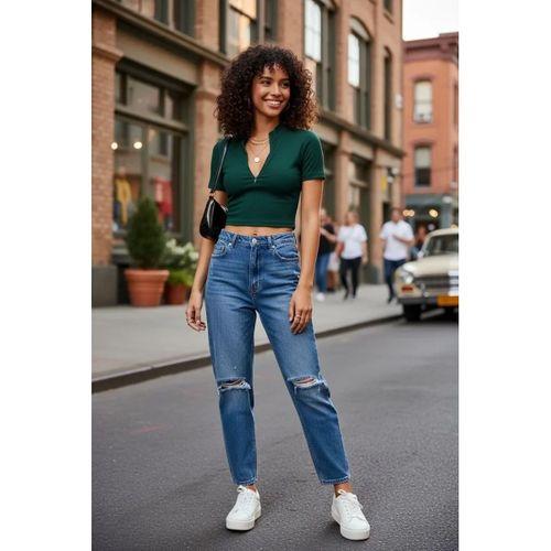 Kadın Yeşil Fermuar Detaylı Modern Kesim Crop Bluz