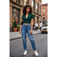 Kadın Yeşil Fermuar Detaylı Modern Kesim Crop Bluz