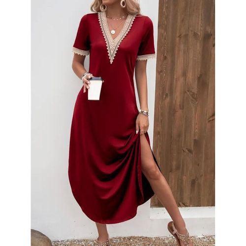 Kadın Kısa Kollu Dantel V Yakalı Uzun Viskon Elbise