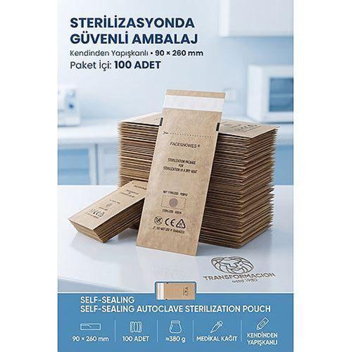 Kuru Hava Sterilizasyon Poşeti Kraft Kağıt 90x260 mm 100 Adet EN 868 ISO 13485 CE Belgeli Otoklav Kesesi 723722