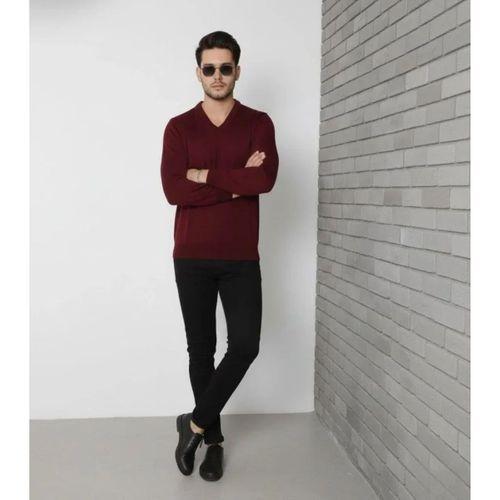 Erkek V Yaka Triko Kazak Yumuşak Dokulu Pamuklu Ince Dokuma, Uzun Kollu Rahat Regular Kalıp - Bordo