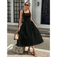 Kadın Askılı Kare Yakalı Uzun Ithal Krep Elbise