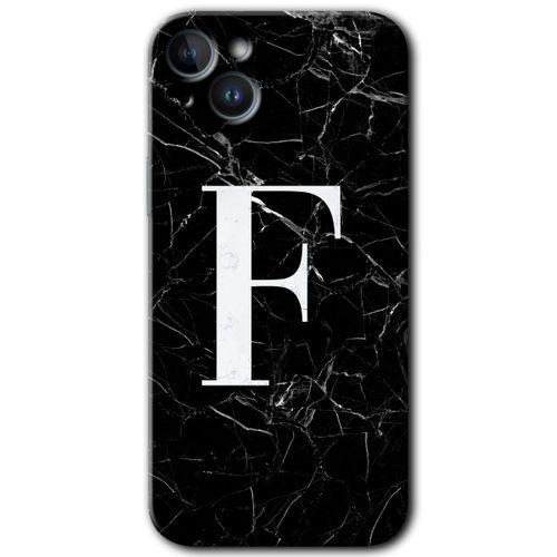 iPhone 14 Kılıf HD Desen Baskılı Arka Kapak - Siyah Mermer Desenli F Harfi