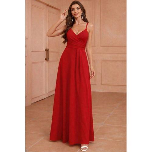 Kadın Ip Askılı Kruvaze Yakalı Yırtmaçlı Uzun Ithal Krep Elbise