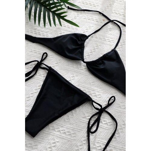 Kadın Siyah Yandan Bağlamalı Tangalı Üçgen Bikini Mayo Takımı