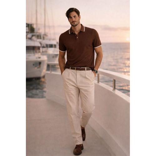 Balzac Yakası Şeritli Düğmeli Polo Yaka Basic Günlük Petek Örgü Triko Erkek T-Shirt - Kahve