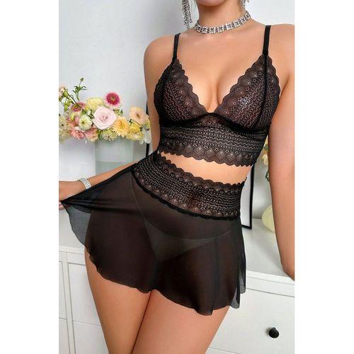 Kadın Siyah Dantel Ve Tül Detaylı Etekli Şık Gecelik Takımı