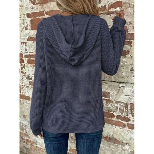 Kadın Uzun Kollu Kapşonlu önü Düğmeli Ve Bağcıklı Waffle Bluz