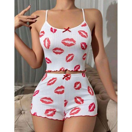 Kadın Beyaz Dudak Desenli Seksi Gecelik Takım 6642