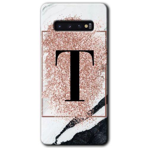 Samsung Galaxy S10 HD Baskılı Kılıf + 9D Tam Ekran Koruyucu - Pembe Mermer Desenli T Harfi