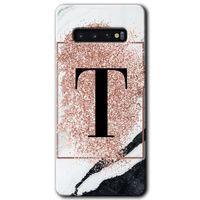 Samsung Galaxy S10 HD Baskılı Kılıf + 9D Tam Ekran Koruyucu - Pembe Mermer Desenli T Harfi