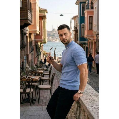 Erkek Fitilli Triko Dokuma Kısa Kol Tişört Yarım Boğaz Modern Yazlık T-Shirt - Bebe Mavisi