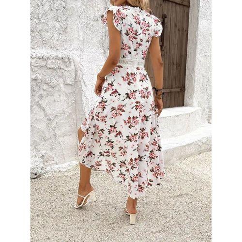 Kadın Kısa Kollu V Yakalı çiçek Desenli önü Kısa Arkası Uzun Süprem Elbise